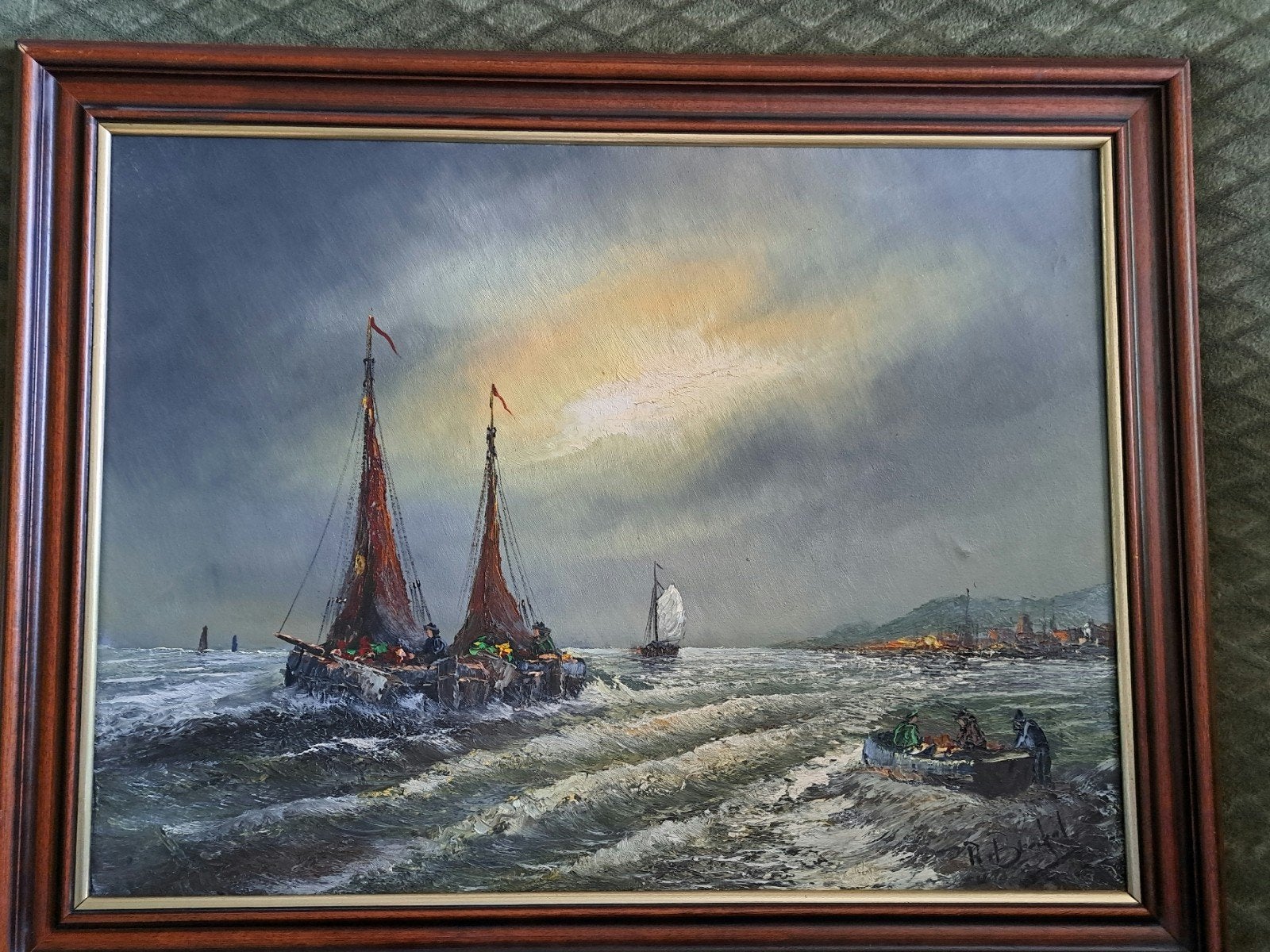Maritiem olieverfschilderij van vissersboten op zee, Antiek en Kunst, Ophalen of Verzenden