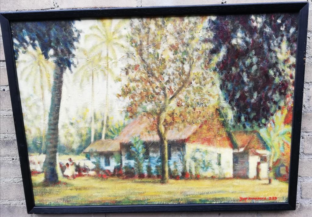 Joop Kneppers, Meisjes bij landhuis. Olie/doek.1945. 78/53cm, Ophalen, Zo goed als nieuw, Schilderij, 75 tot 100 cm