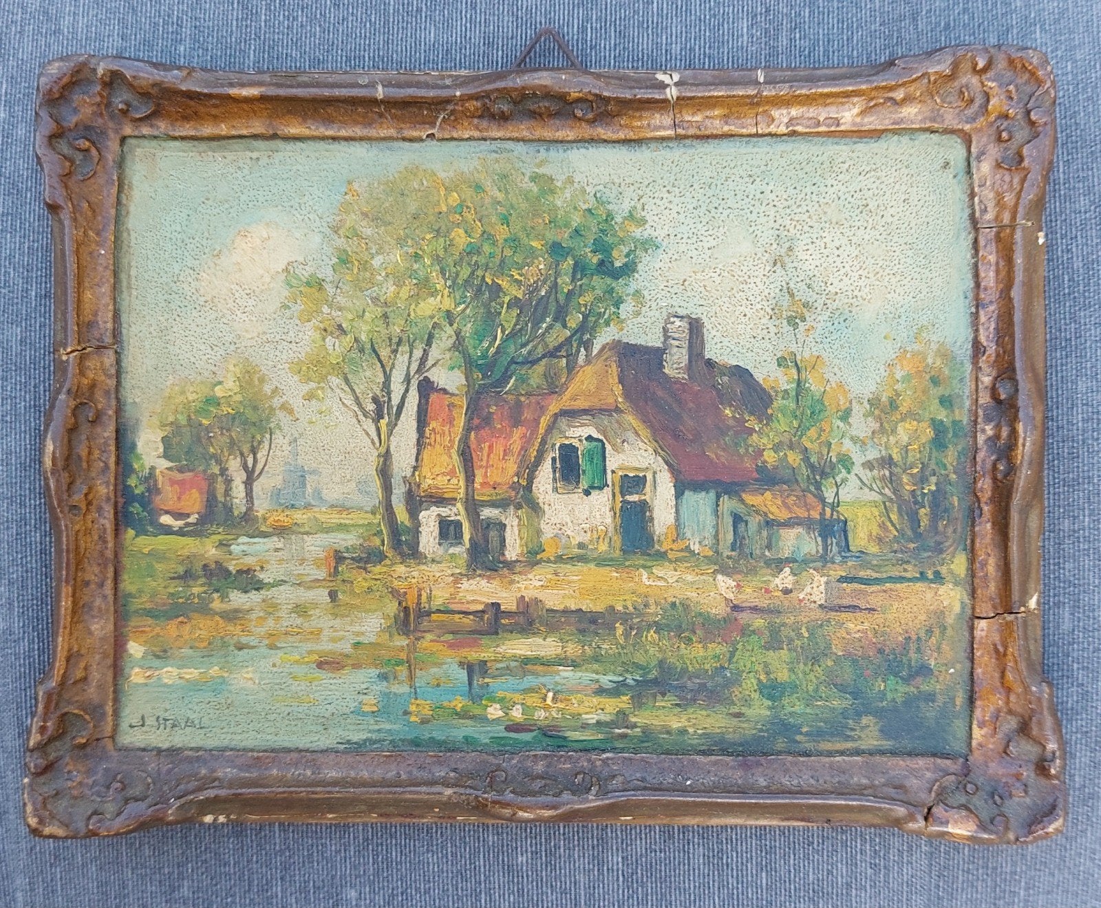 Oud Hollands Landschap Schilderij J. Staal Olieverf, Antiek en Kunst, Ophalen, Doek, Oud hollands, Landschap