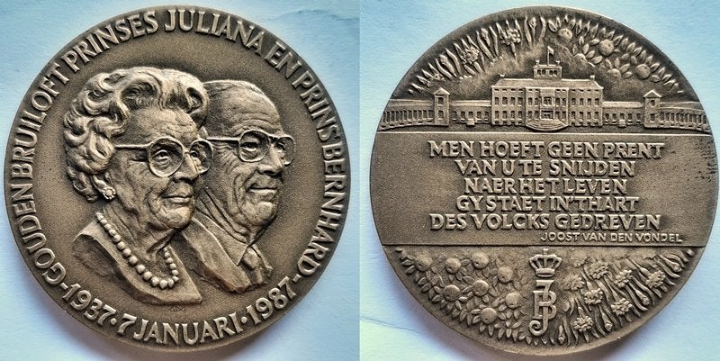 Juliana & Bernhard 1937 -1987, Postzegels en Munten, Penningen en Medailles, Verzenden, Brons, Nederland