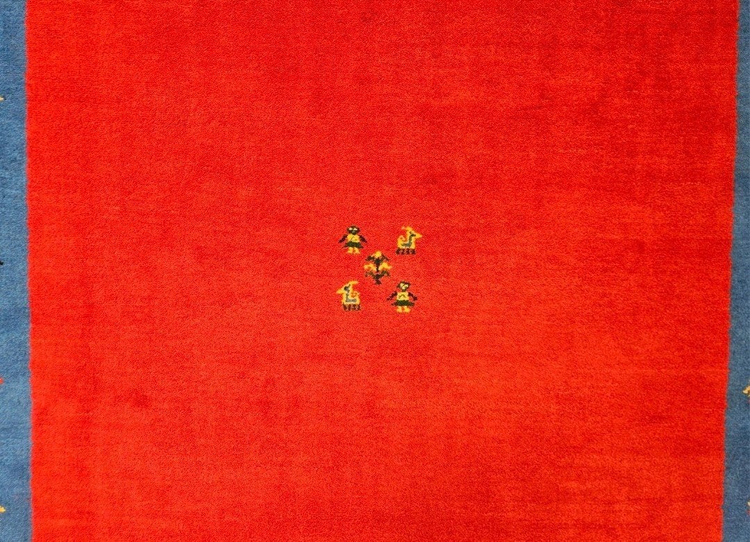 Handgeknoopt oosters wol modern Gabbeh red blue 200x297cm, Geel, ., Gabbeh, India