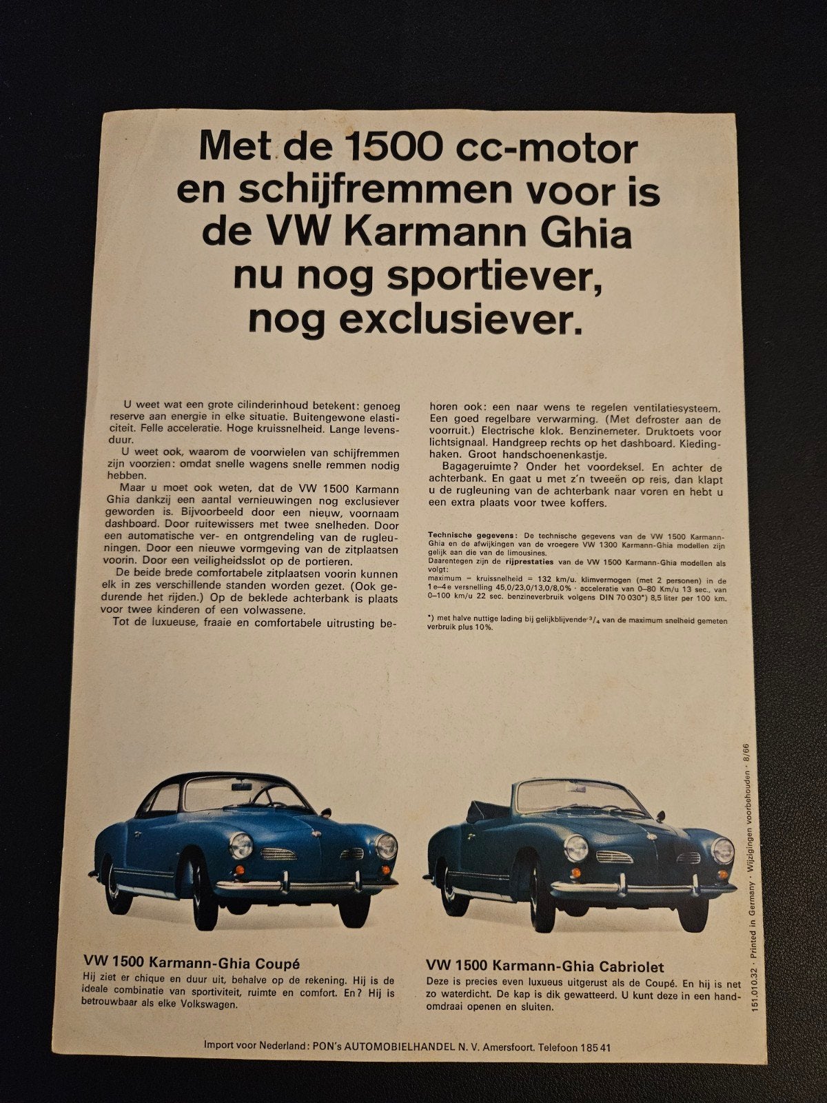Brochure Volkswagen Kever & Karmann Ghia 1966, Boeken, Ophalen of Verzenden, Zo goed als nieuw, Volkswagen