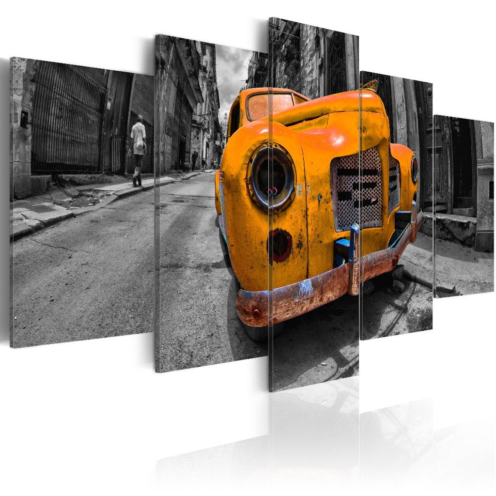 596 Oranje Oldtimer Auto 5 Luik Canvas Schilderij 200x100cm, Ophalen of Verzenden