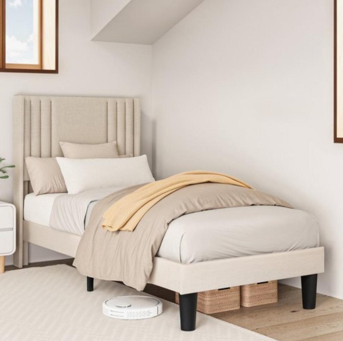 Nieuw Eenpersoons bedframe met gestoffeerd hoofdbord, 90 cm, Eenpersoons, Beige, Nieuw