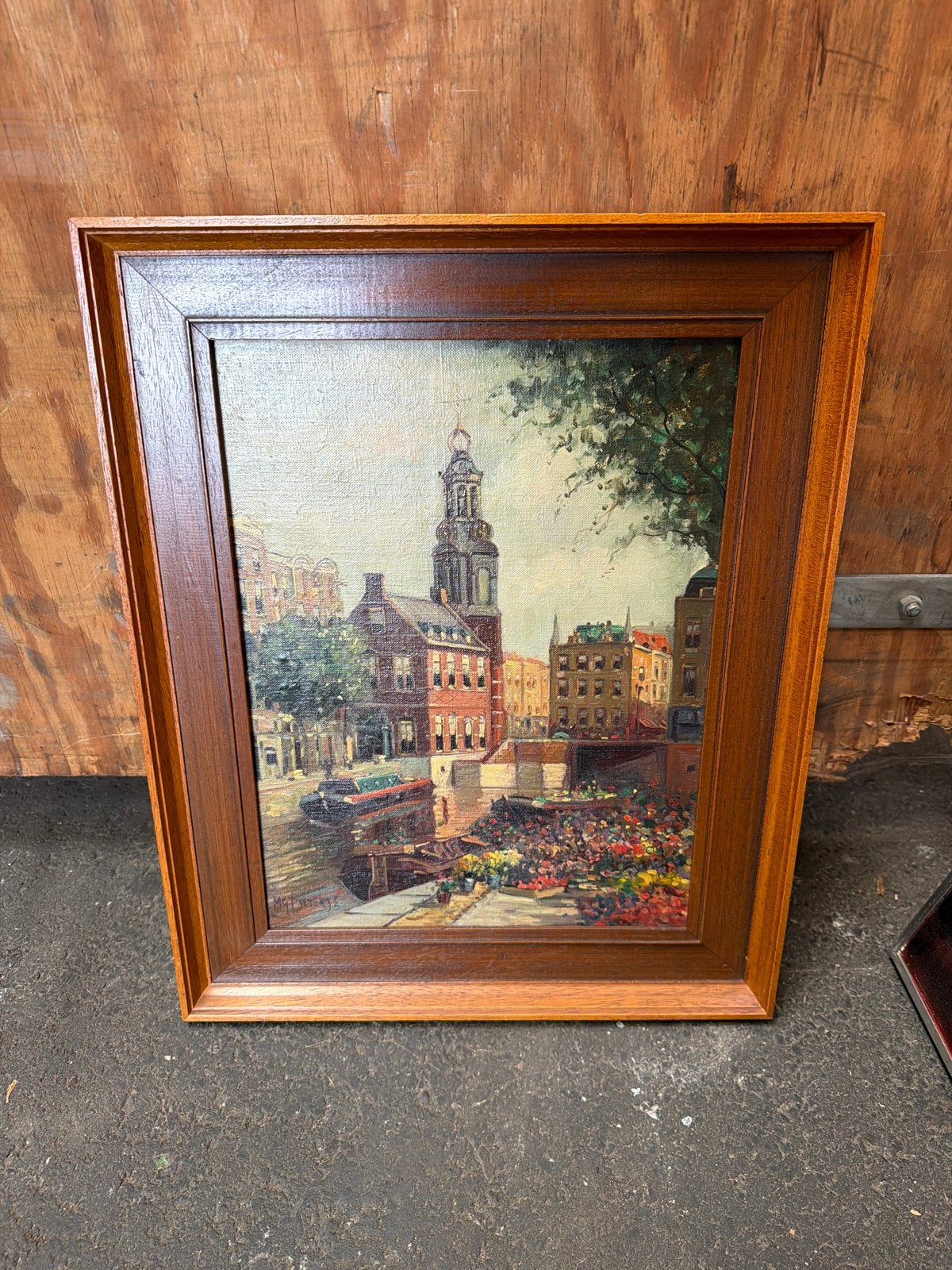 Olieverfschilderij: Stadsgezicht met gracht en bloemenmarkt, Antiek en Kunst, Kunst | Schilderijen | Klassiek, Ophalen, Doek, Realistisch