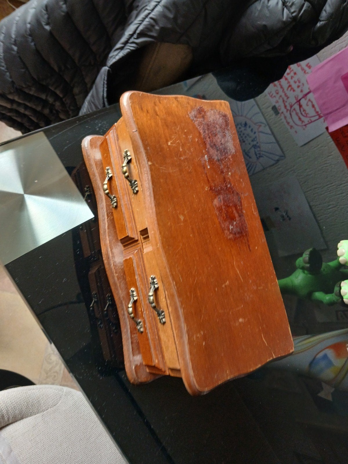 Houten sieradendoos met spiegel en lades, Gebruikt, Bruin, Ophalen of Verzenden, Met spiegeltje(s)