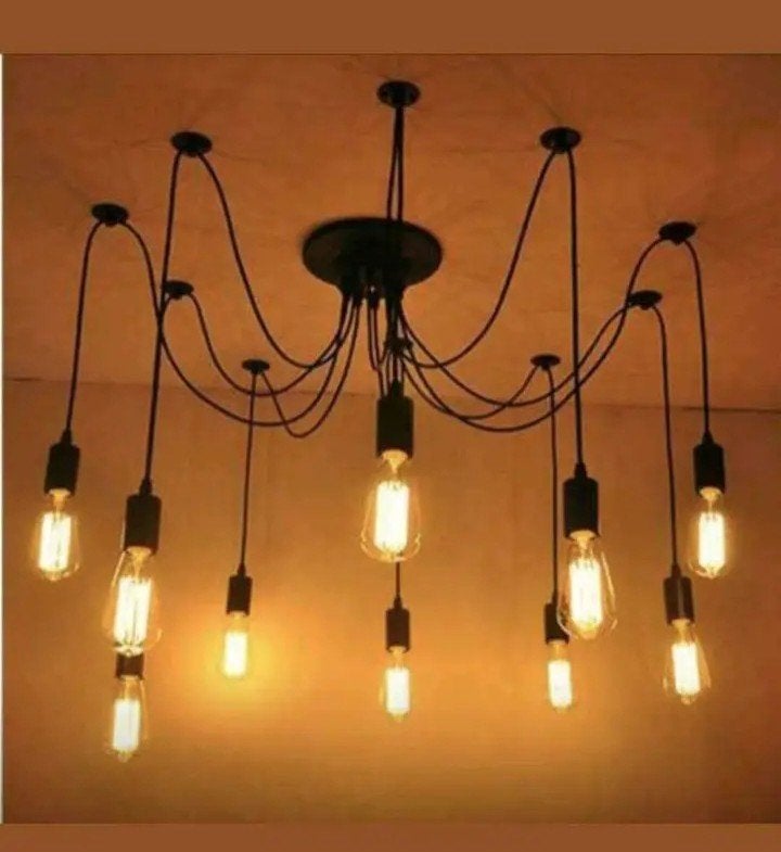 Industriële spinnenweb lamp met 10 Edison gloeilampen, Metaal, E27 (groot), Ophalen of Verzenden, Industrieel, Vintage, Modern