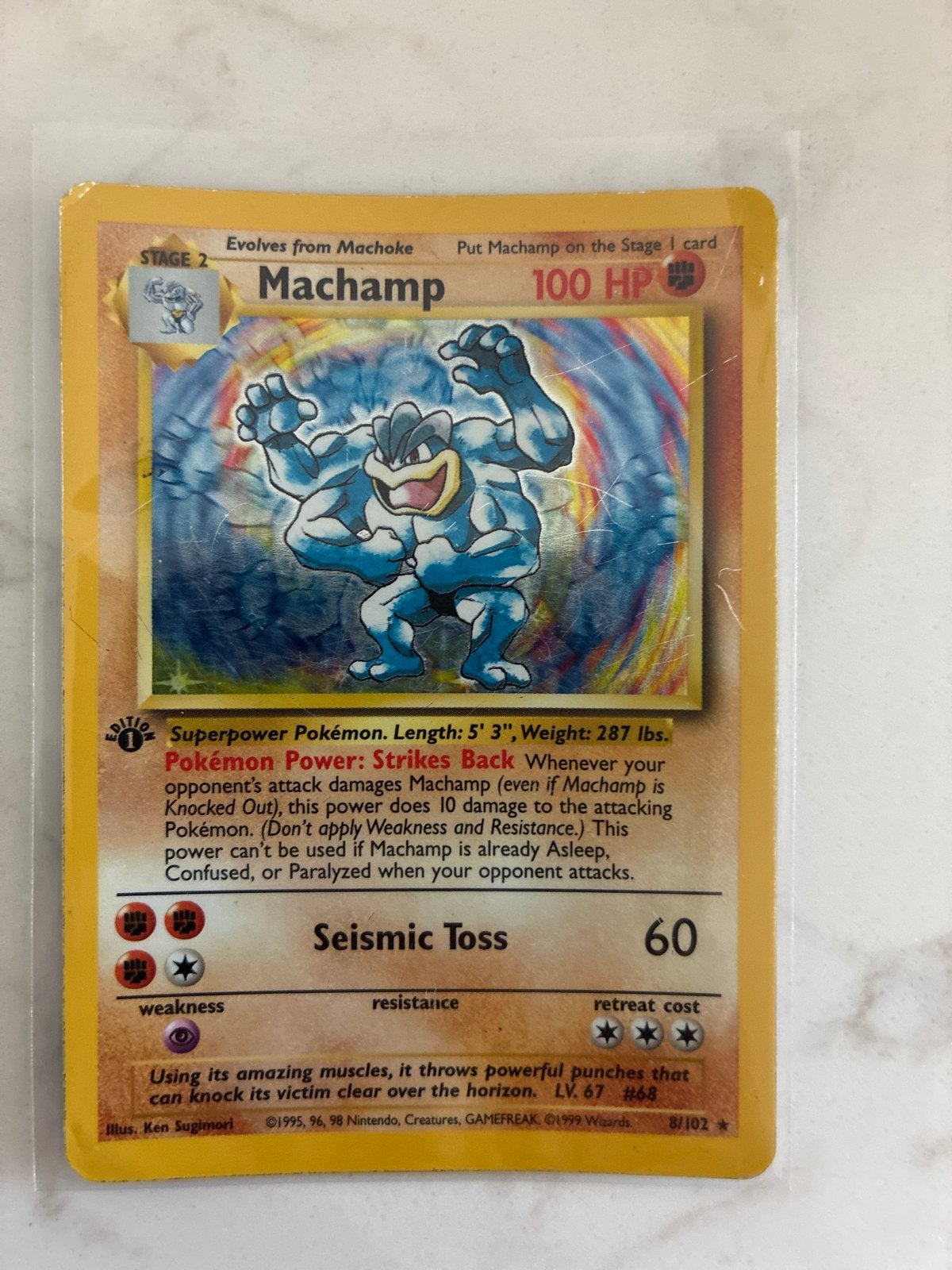 Pokémon Machamp 8/102 Holo 1st Edition Base Set, Ophalen of Verzenden, Gebruikt, Losse kaart, Foil