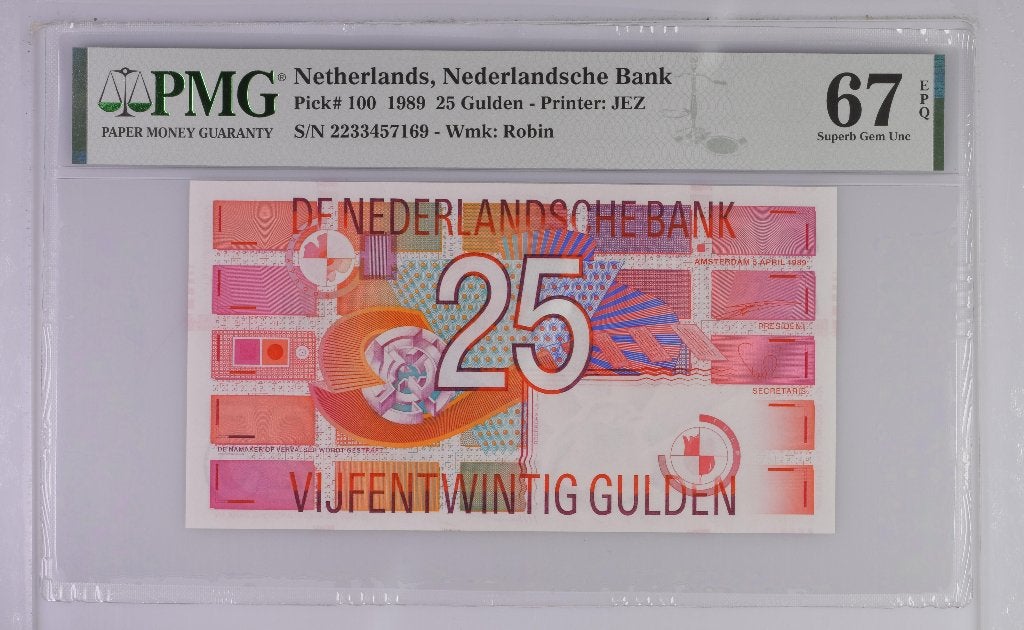 UNC biljet 25 gulden Roodborstje, 1989 | PMG 67 EPQ, Ophalen of Verzenden, 25 gulden