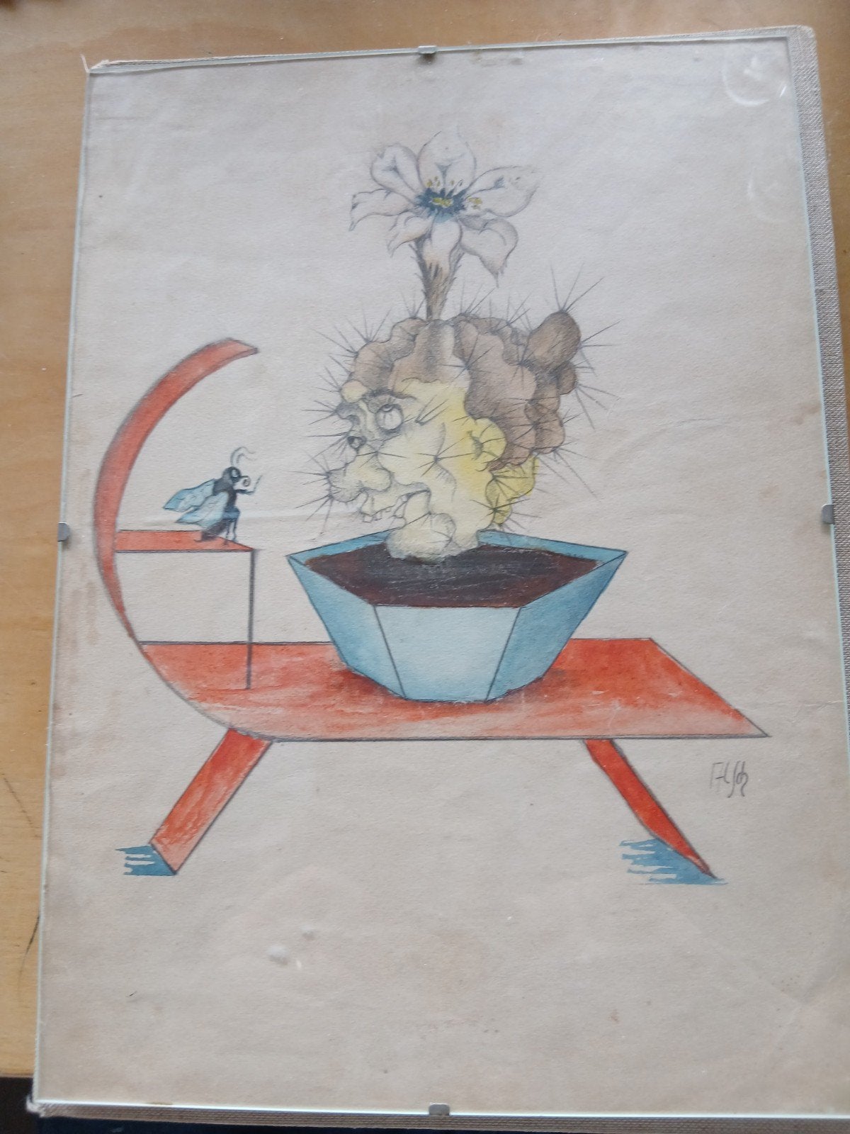 Bijzondere tekening: Cactus met gezicht en vlieg, Verzenden, Tekening, Gemengde techniek, Gesigneerd