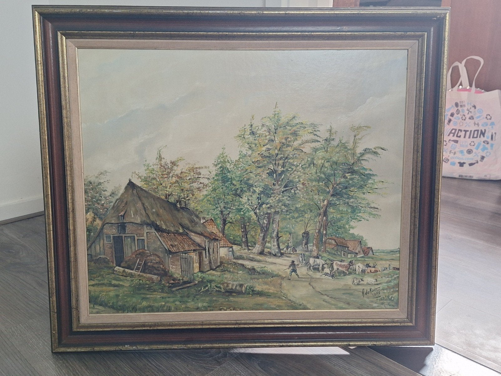 Olieverfschilderij A. de Kort 1989 - Boerderij met vee, Ophalen