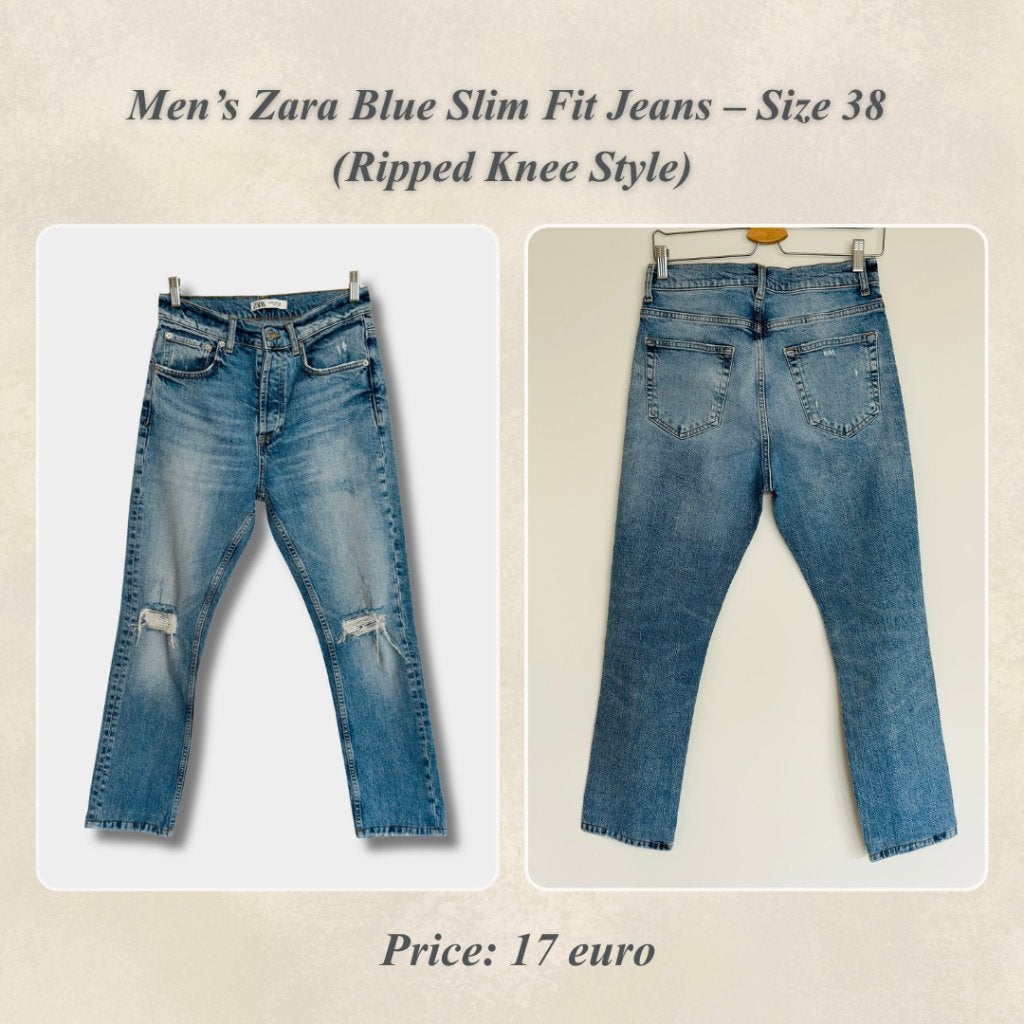 Men’s Zara Blue Slim Fit Jeans – Size 38 – Ripped Knee Style, Kleding | Heren, Ophalen of Verzenden, Zo goed als nieuw, Blauw