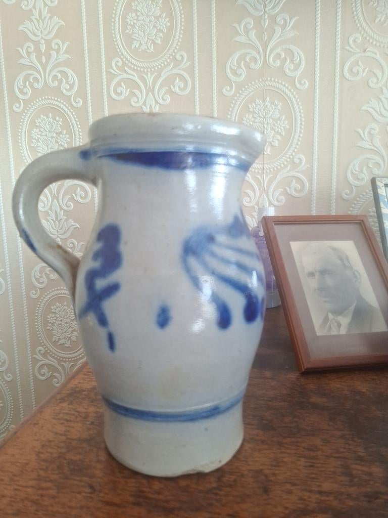 Antieke aardewerken kruik met blauw decor, Antiek en Kunst, Ophalen of Verzenden