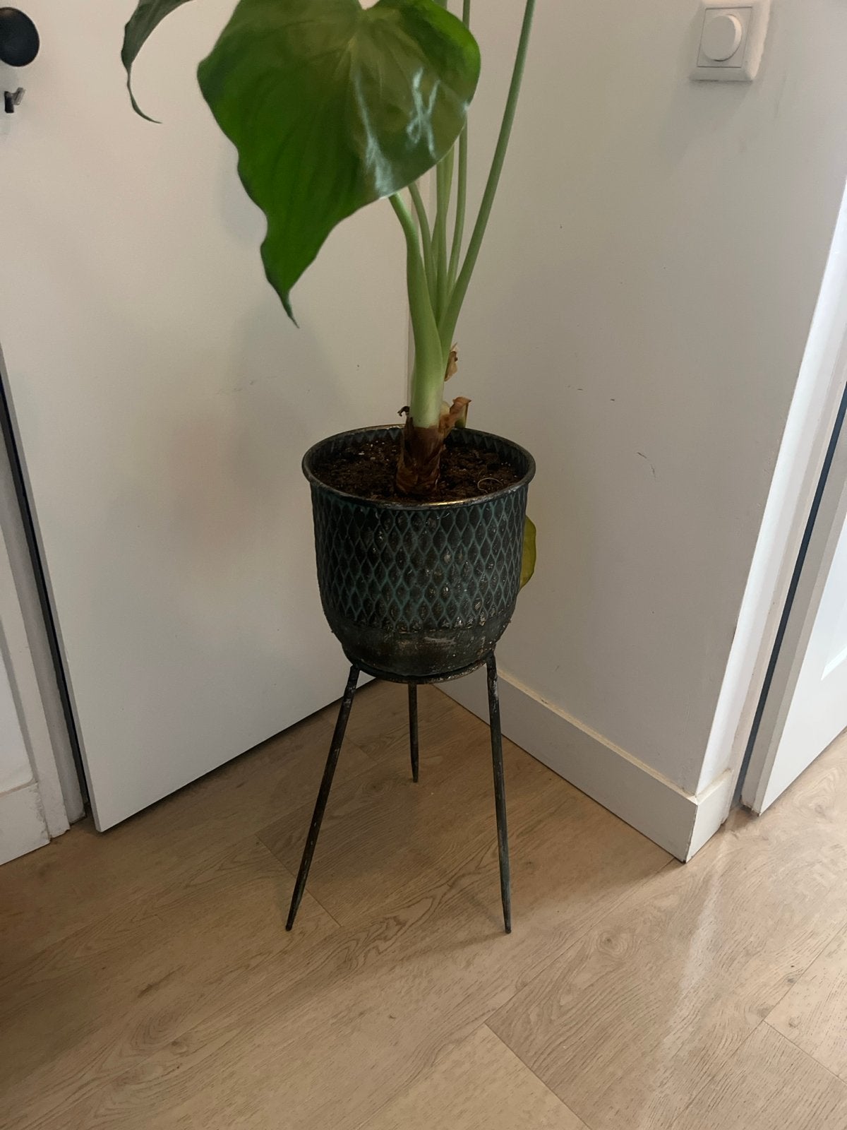 Metalen Plantenstandaard met Pot - Vintage Look, Huis en Inrichting, Woonaccessoires | Overige, Ophalen, Vintage, Metaal, Gebruikt