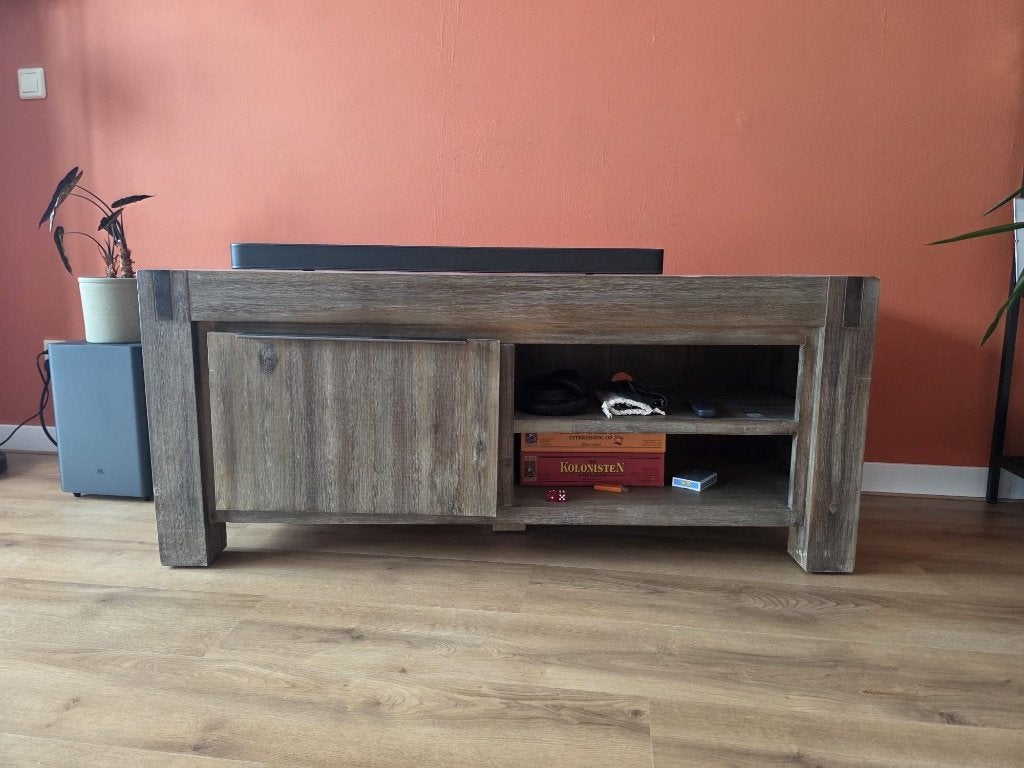 Robuust houten tv-meubel – industriële look, Ophalen, Gebruikt, 100 tot 150 cm, Eikenhout