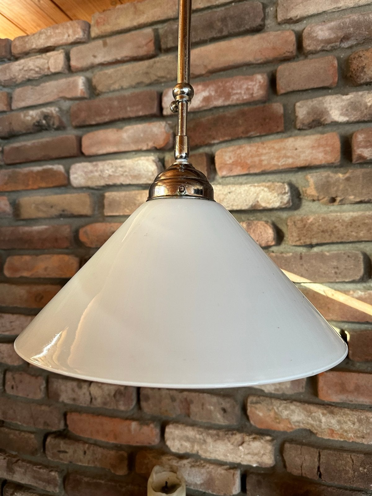 Vintage | Hanglamp met Melkglazen Kap verstelbaar, Ophalen, Gebruikt, Glas, E27 (groot)