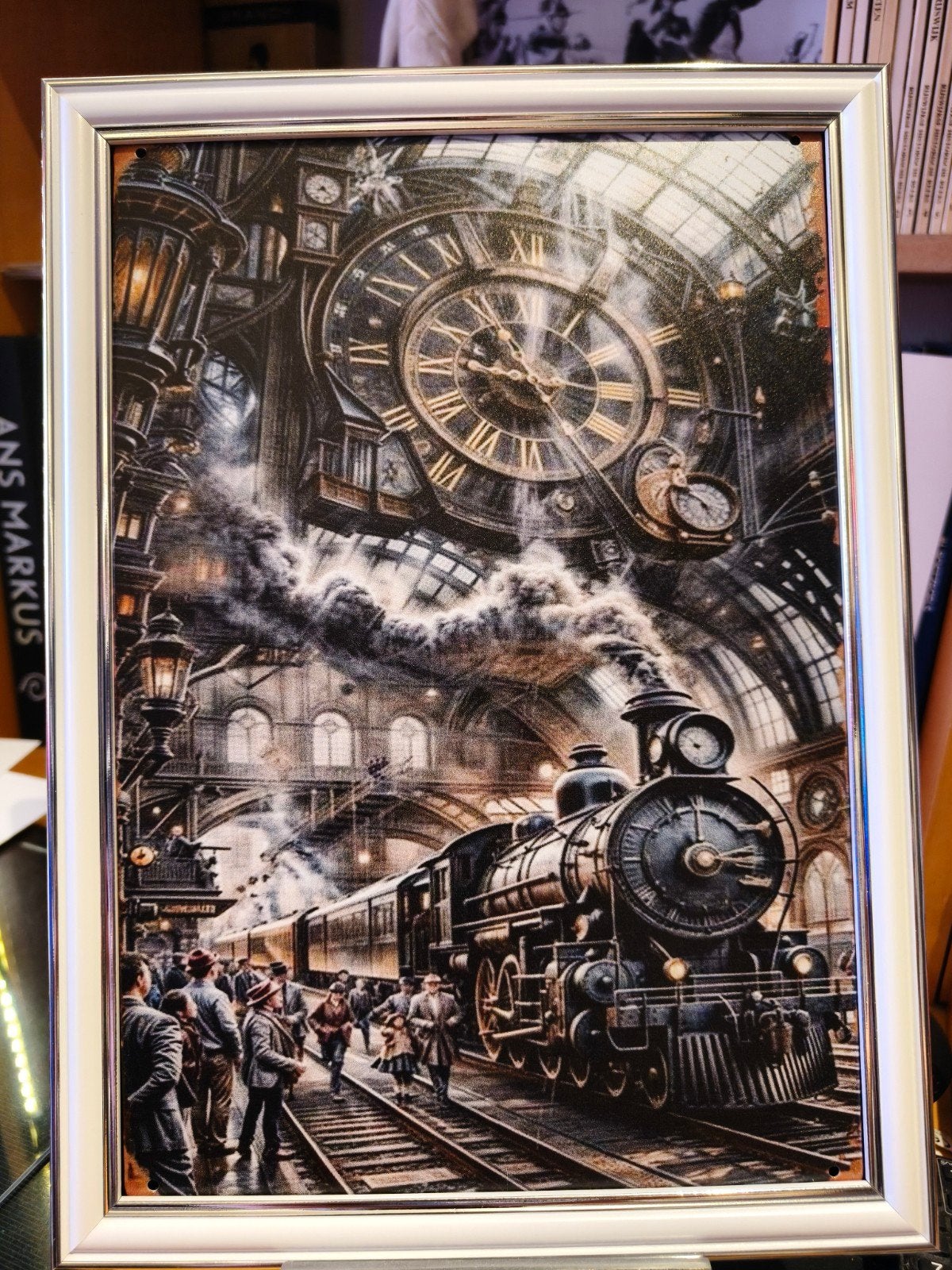 Steampunk Trein Station Canvas Schilderij - Uniek Kunstwerk, Ophalen of Verzenden, Zo goed als nieuw, Trein