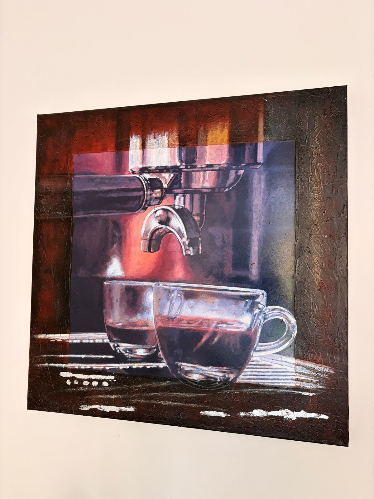 Italiaans modern schilderij: Espresso machine met kopjes, Ophalen, Stilleven, Handgeschilderd, Olieverf