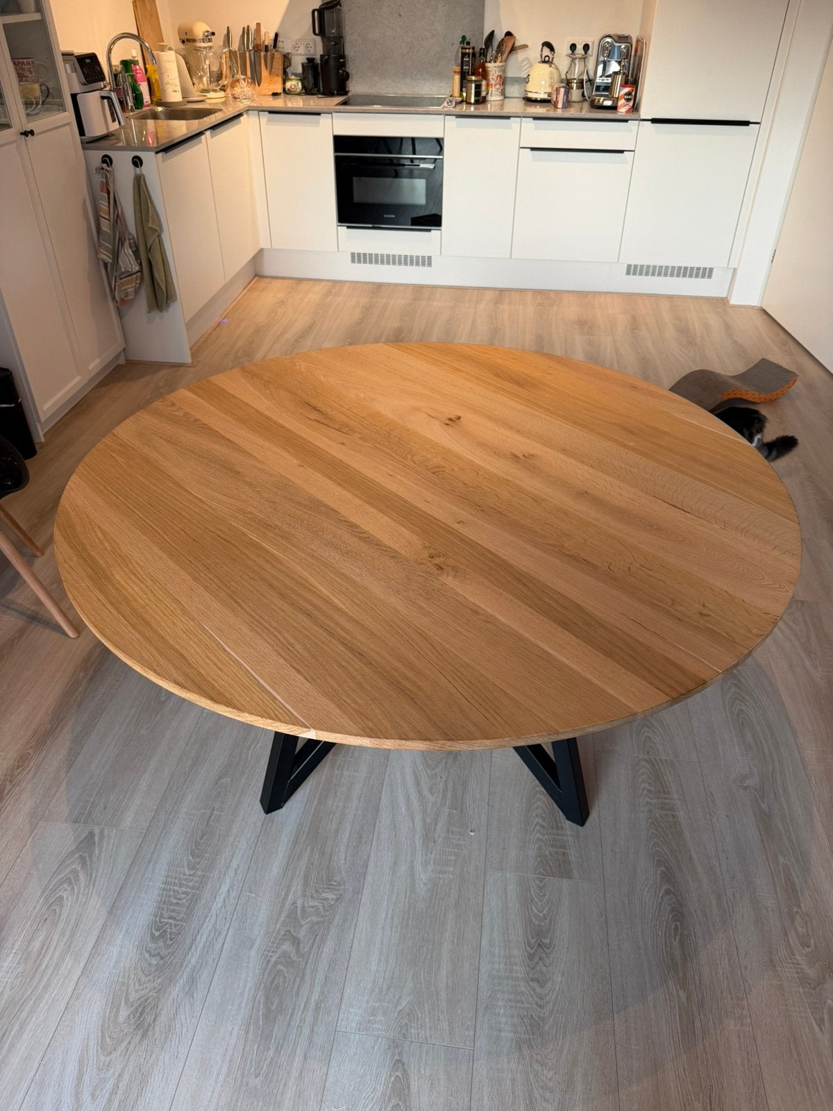 Massief eikenhouten ronde eettafel Ø 130 cm, Ophalen of Verzenden, Zo goed als nieuw, 100 tot 150 cm, 100 tot 150 cm