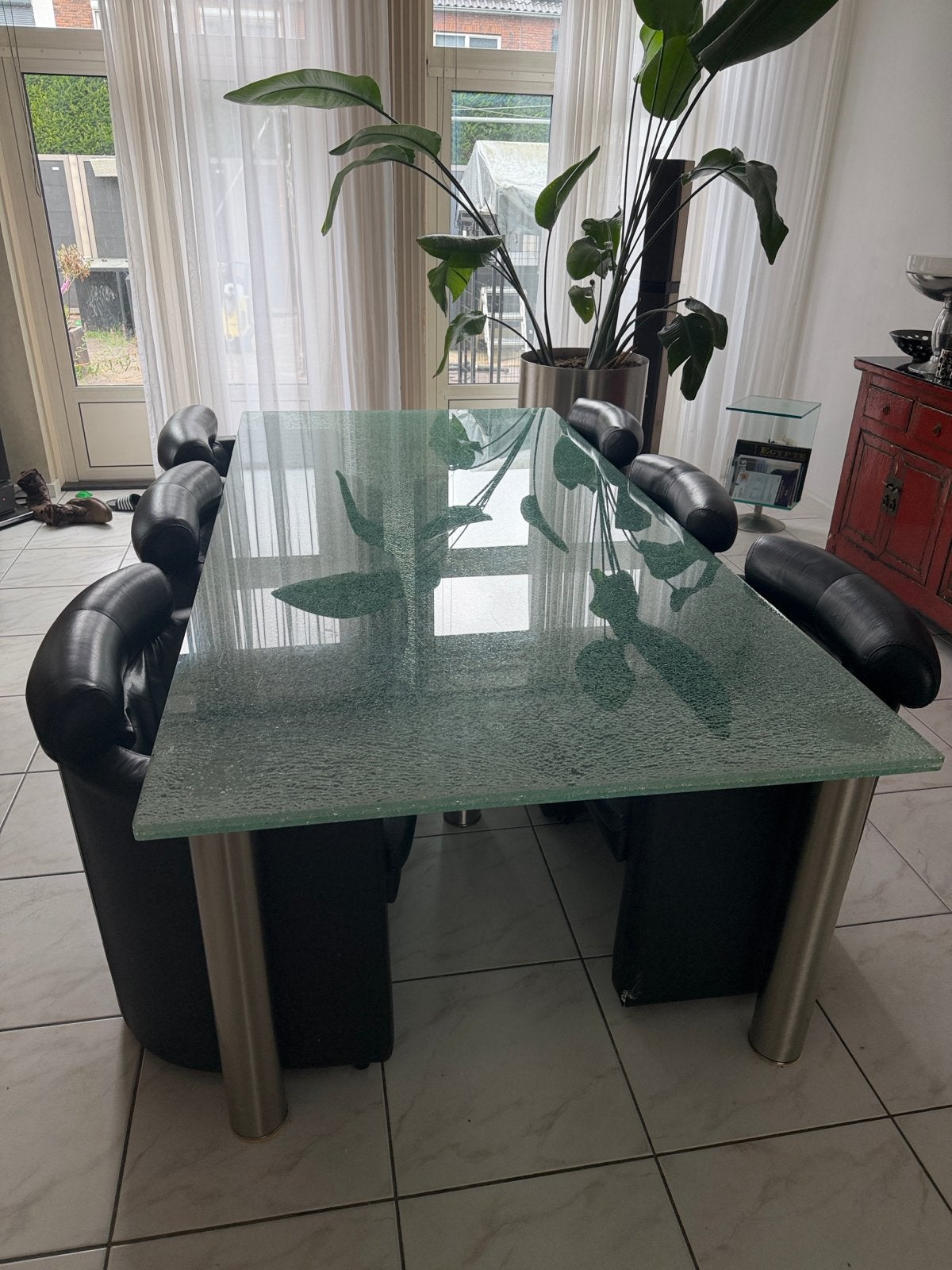 Craquelé Glazen Eettafel met 6 RVS Poten - 250x120cmx 2,5cm, Ophalen, Gebruikt, 100 tot 150 cm, 200 cm of meer