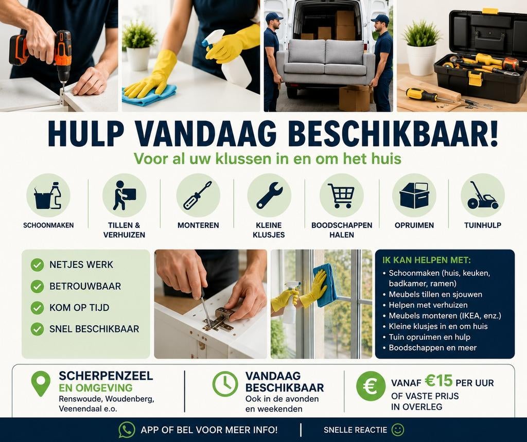 Hulp vandaag beschikbaar – schoonmaak, tillen, monteren en k, Ophalen of Verzenden