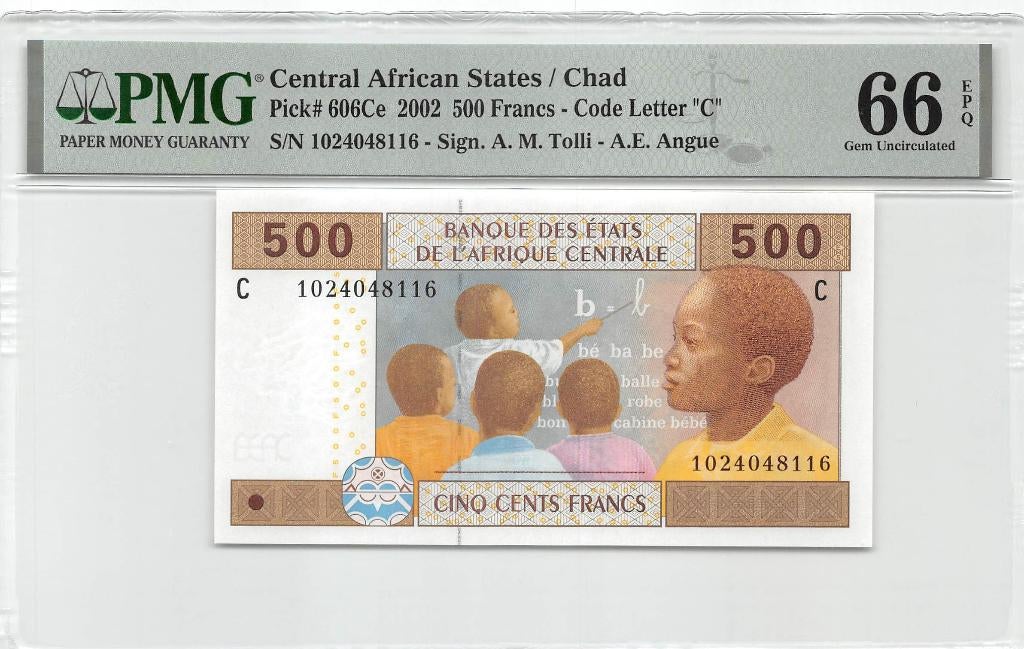 Central African Stated / Chad 500 Francs 2002 Unc PMG 66 EPQ, Ophalen of Verzenden, Overige landen, Los biljet
