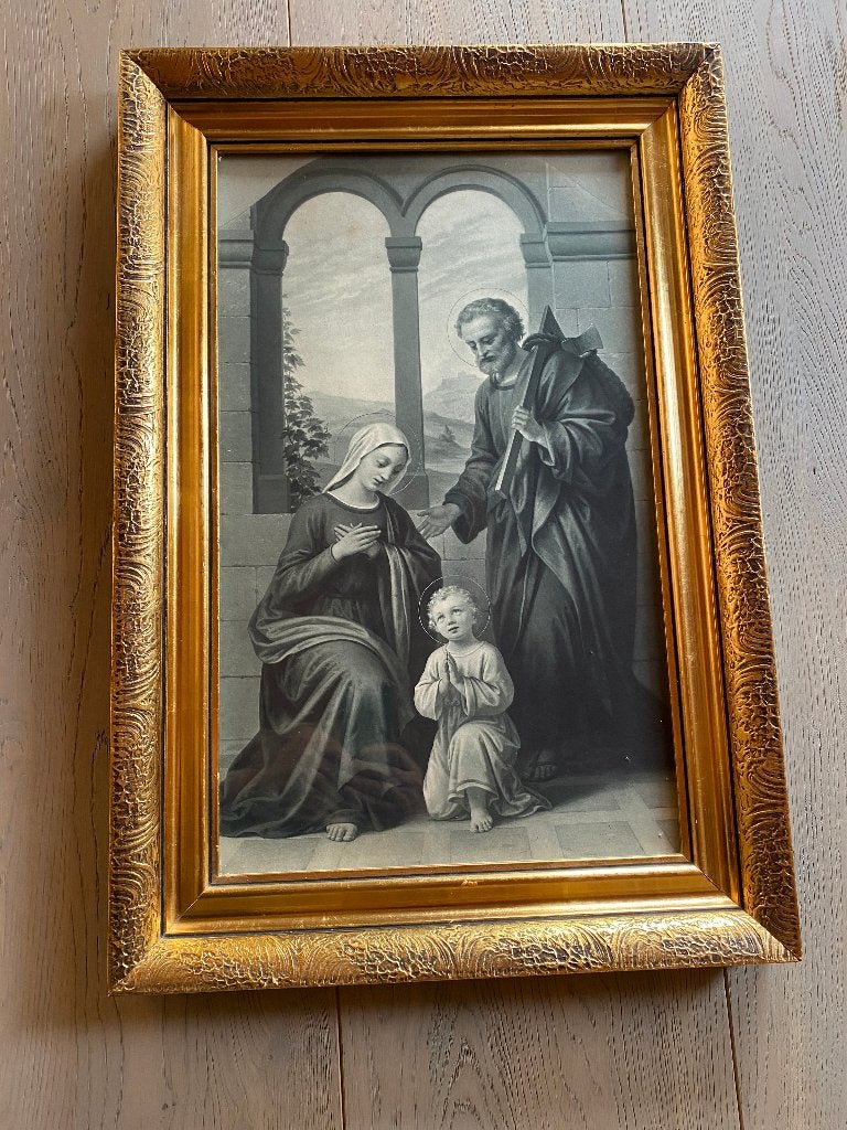 Antieke lijst met religieuze litho "Heilige Familie" – 1900, Ophalen
