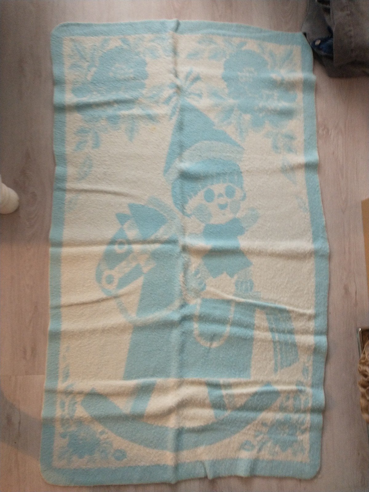 Vintage Baby Deken met Kabouter en Schommelpaard, Kinderen en Baby's, Gebruikt, Jongetje of Meisje, Wit, Ophalen of Verzenden