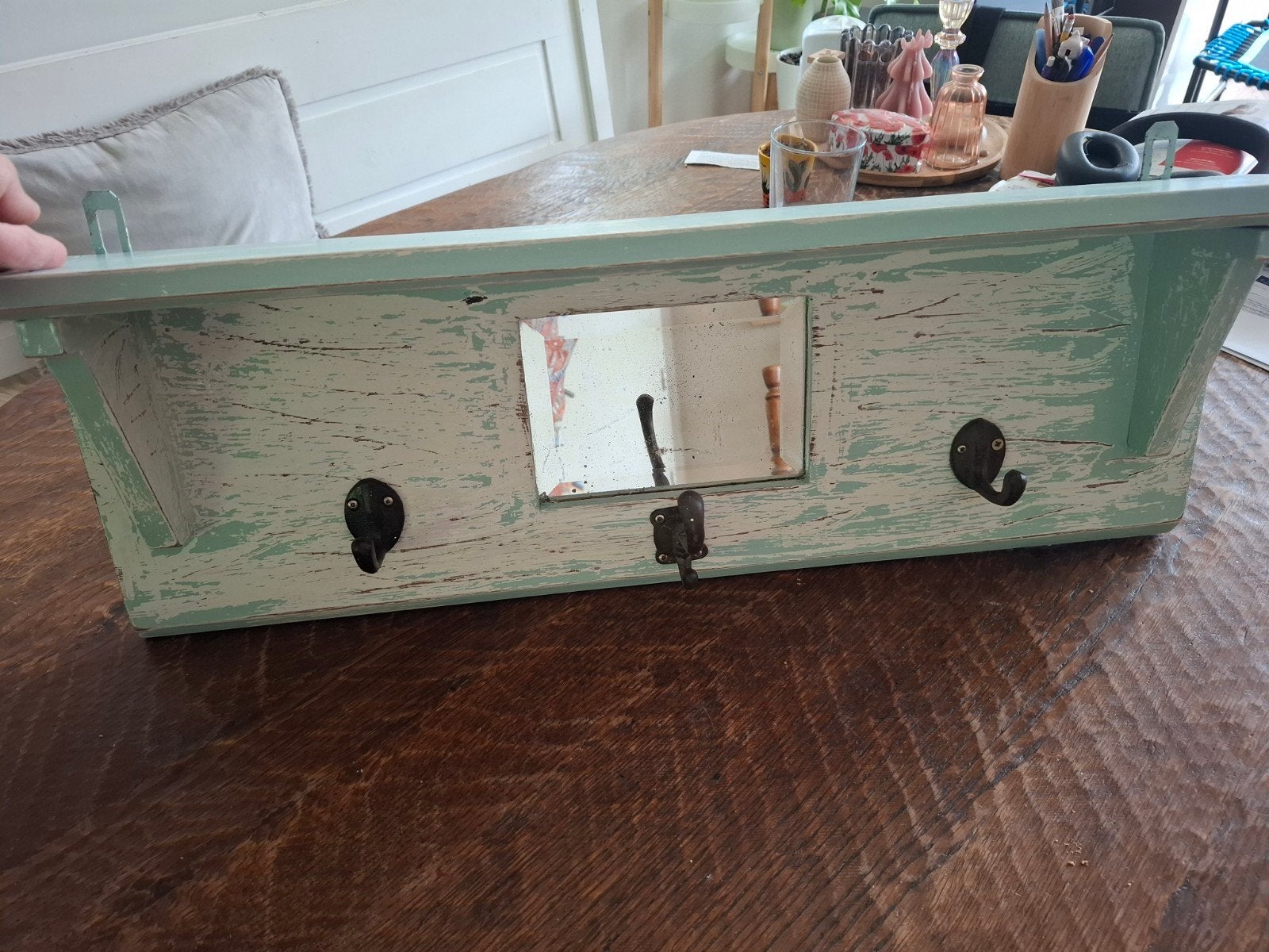 Vintage kapstok met facetspiegel en drie haken, Gebruikt, Minder dan 100 cm, Hout, Ophalen