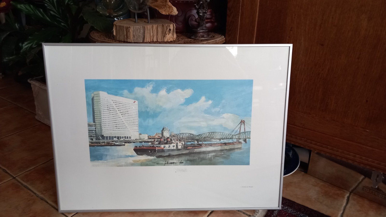 Gesigneerde aquarel Rotterdamse haven door F. Rikxoort, Realistisch, Gedateerd, Ophalen of Verzenden, Aquarel