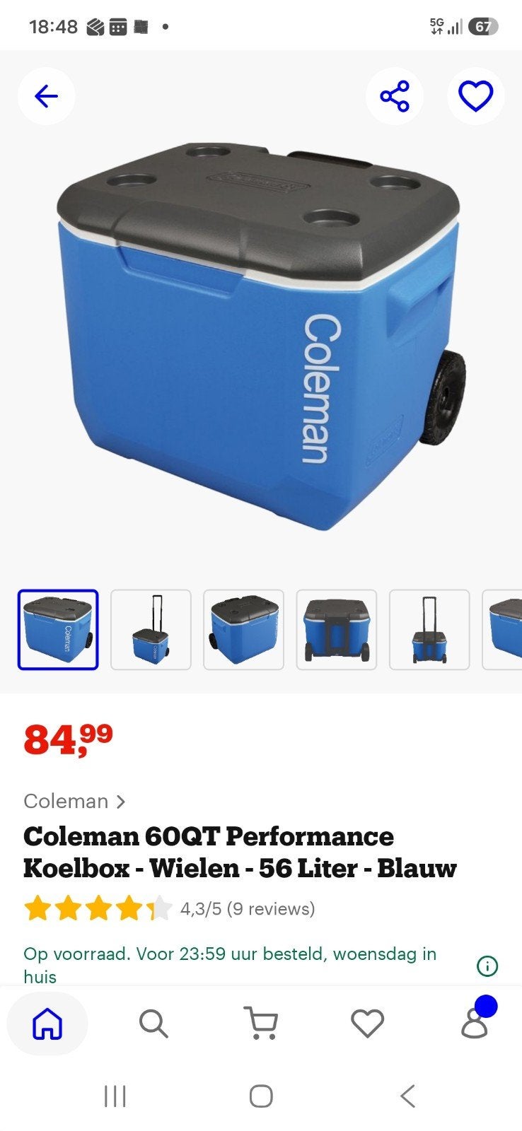 Coleman Koelbox met Wielen - 56 Liter - Blauw, Ophalen, Zo goed als nieuw, Koelbox, Koelelement