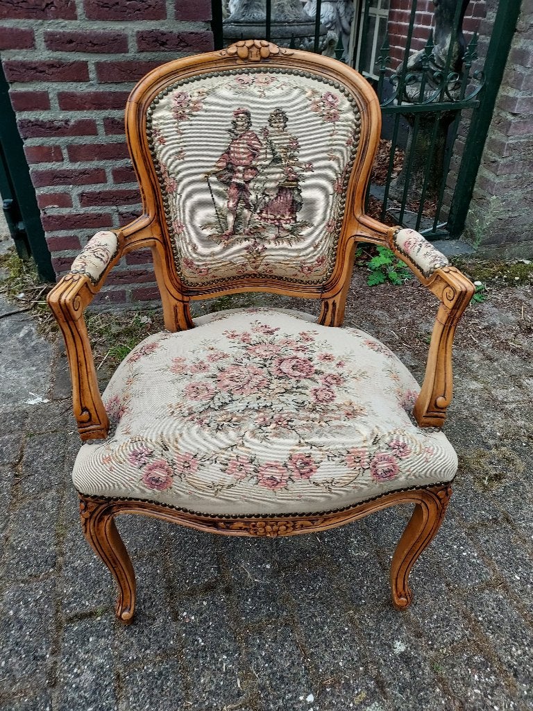 Lodewijk damesstoel gobelin romantisch decor, licht eiken., Ophalen