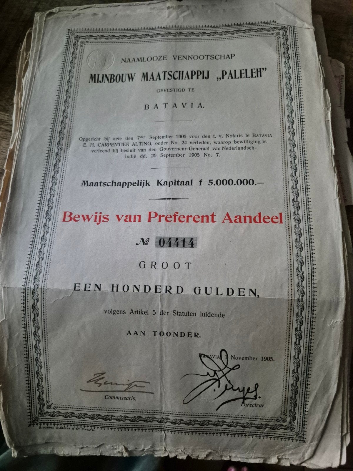 Oud aandeel Mijnouw Maatschappij Paleleh 1905, Ophalen of Verzenden, Voor 1920, Aandeel