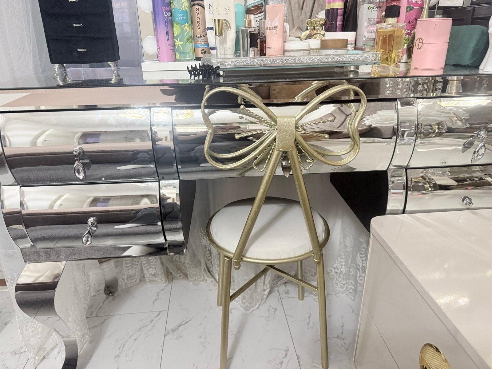 Luxe spiegel kaptafel met lades en gouden stoel is gratis, Ophalen, 100 tot 150 cm, Minder dan 100 cm, Glas