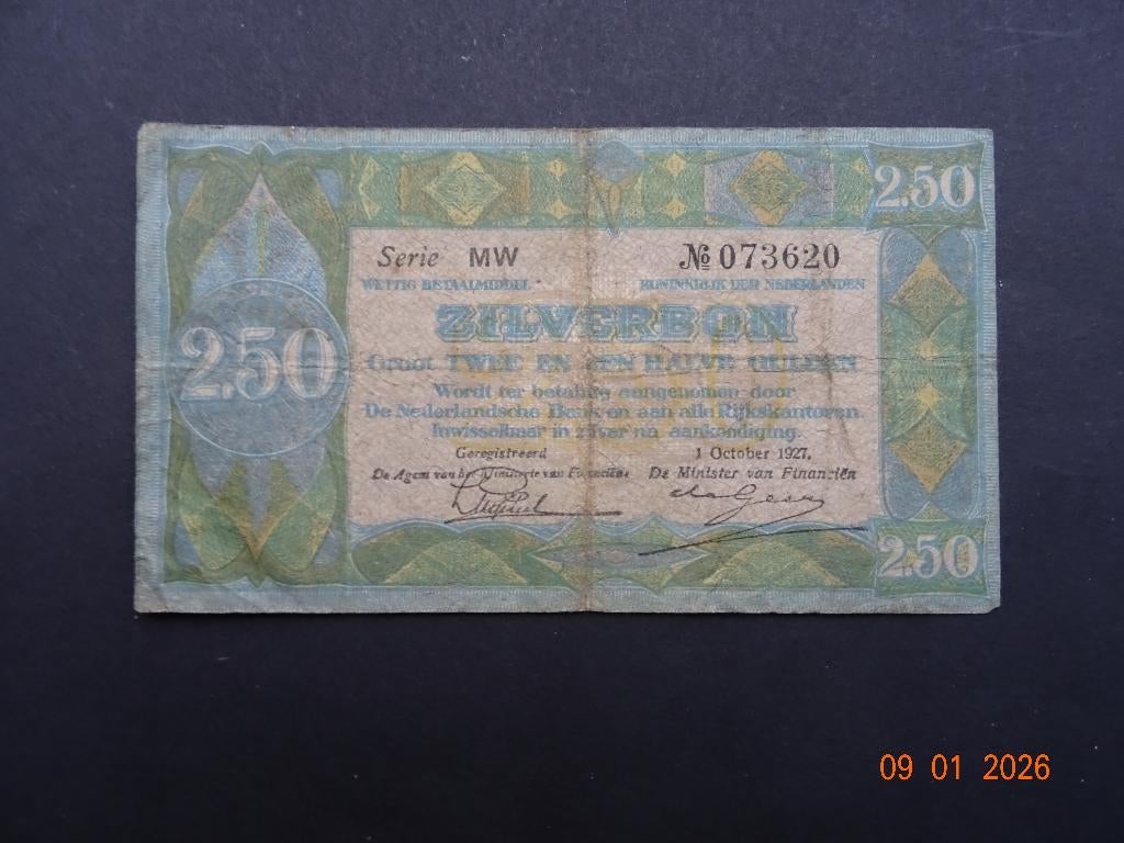 Zilverbon 2 1/2 gulden 1927, Verzenden, 2½ gulden, Los biljet