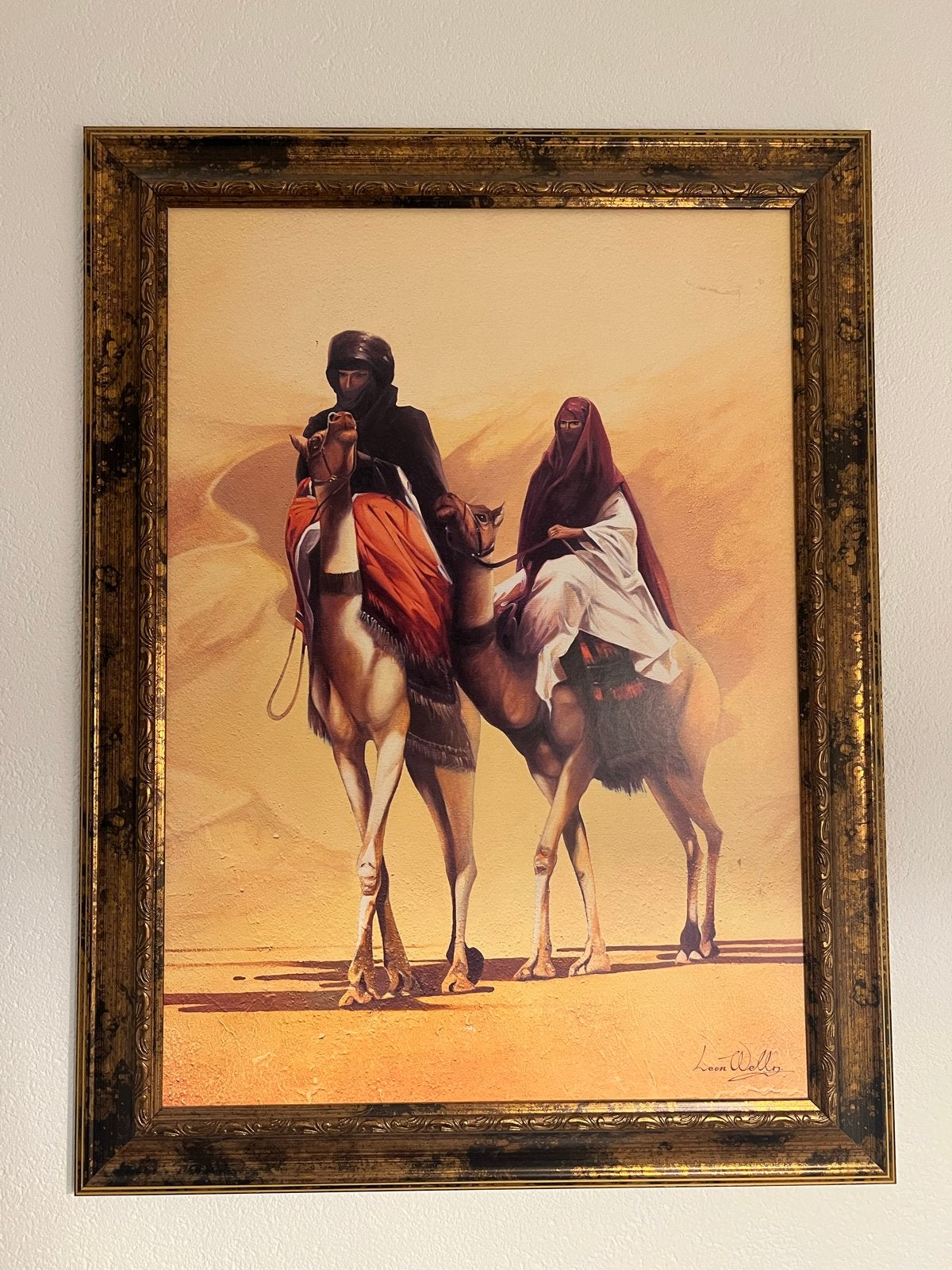 Schilderij Leon Welln - Woestijnscène met kamelen, Antiek en Kunst, Kunst | Schilderijen | Klassiek, Ophalen, Doek, Realistisch