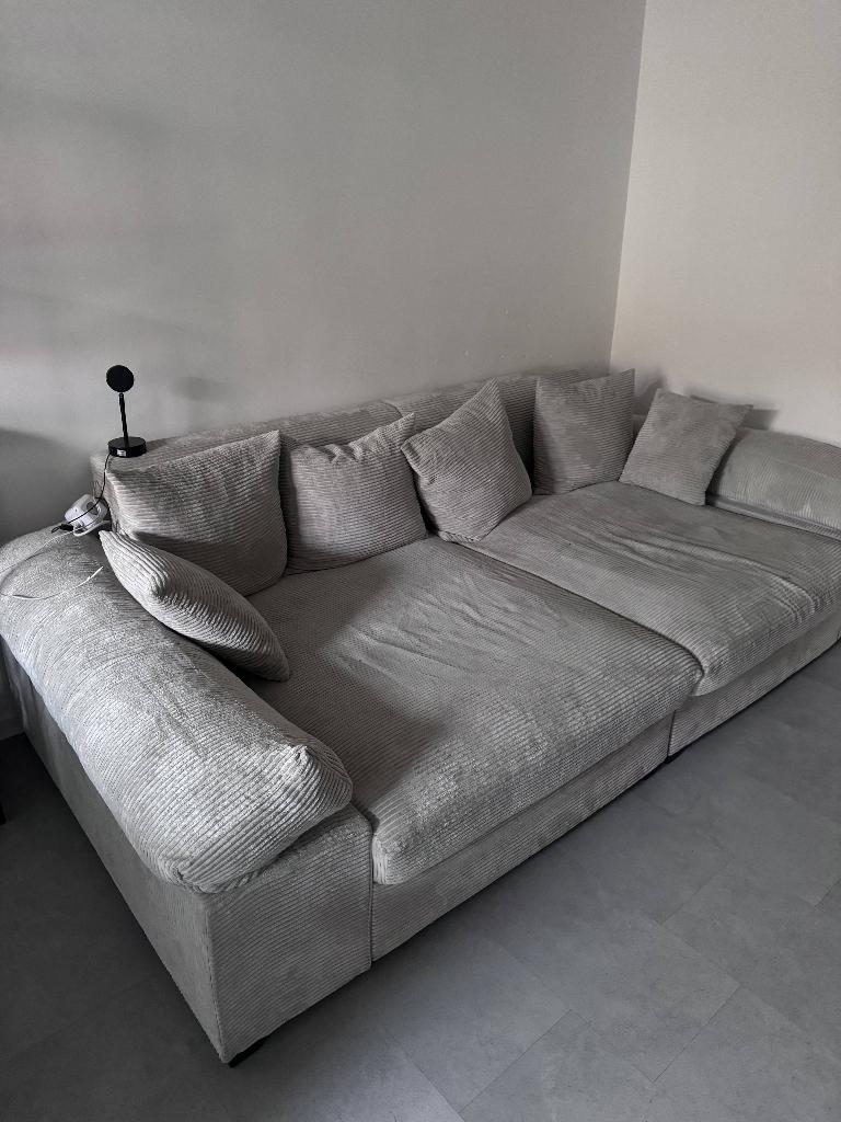 Grote ribcord hoekbank / XXL-sofa – lichtgrijs, Ophalen, 250 tot 300 cm, Gebruikt, Rechte bank