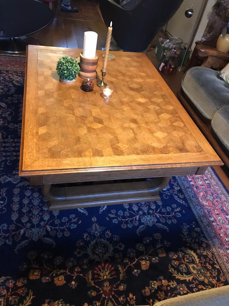 Eiken antieke salontafel geometrisch ingelegd blad Queen Ann, Ophalen, Gebruikt, 100 tot 150 cm, 50 tot 75 cm