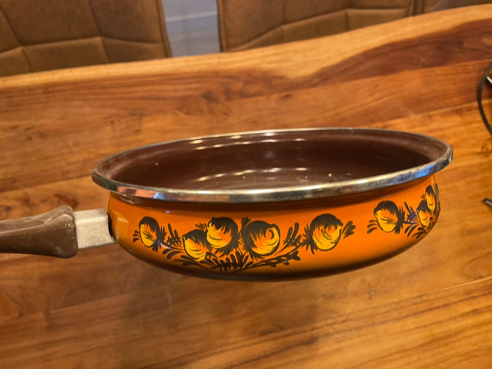 Vintage antieken braadpan - oranje emaille steelpan, Ophalen