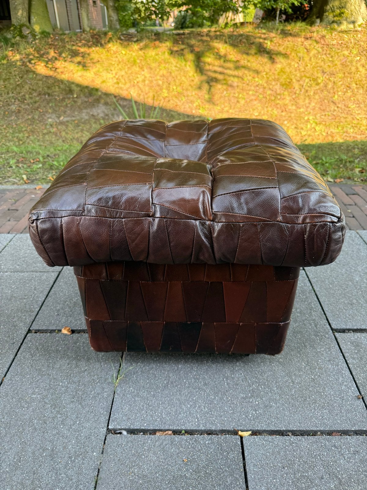 Lederen patchwork Poef - Bruin, Vierkant met Opbergruimte, Gebruikt, Vierkant, Leer, Ophalen of Verzenden