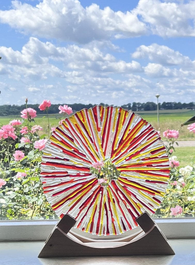 Glasobject rood oranje geel roos cirkel glasfusing hout, Meerkleurig, Overige stijlen, Nieuw, Ophalen of Verzenden