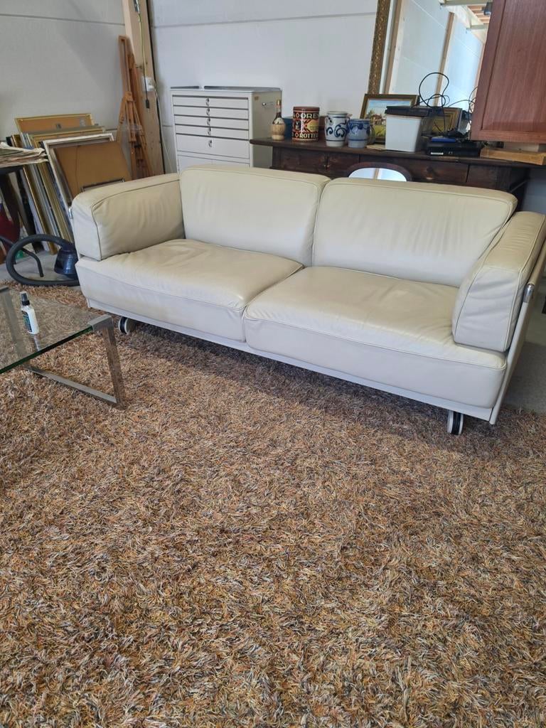 Poltrona Frau bank en 2 fauteuils - Crèmekleurig leer, Ophalen, Gebruikt, Modern klassiek, Driepersoons