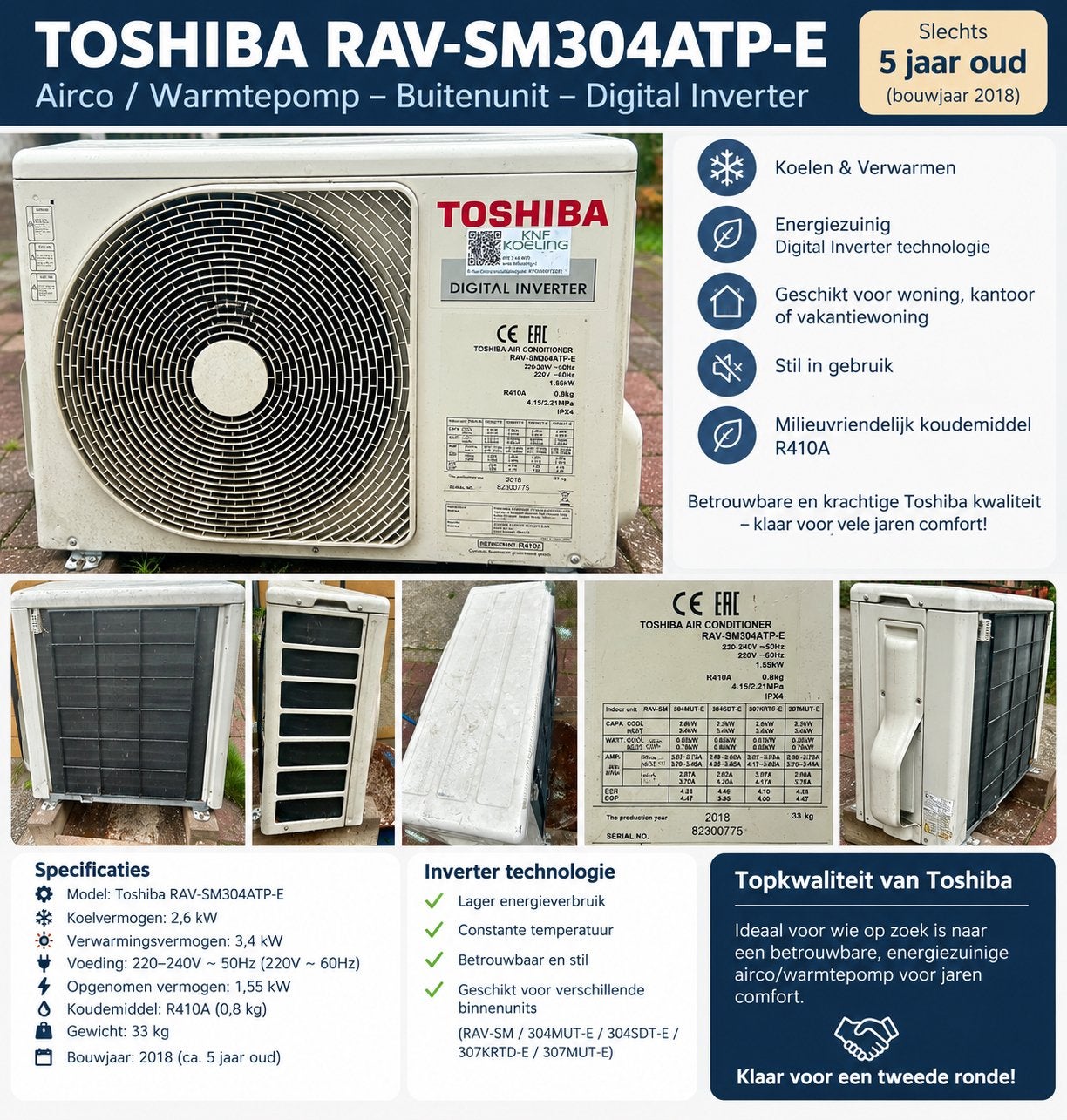 Toshiba RAV-SM304ATP-E Airco / Warmtepomp Buitenunit, Ophalen, Gebruikt, Minder dan 60 m³, Energieklasse A of zuiniger