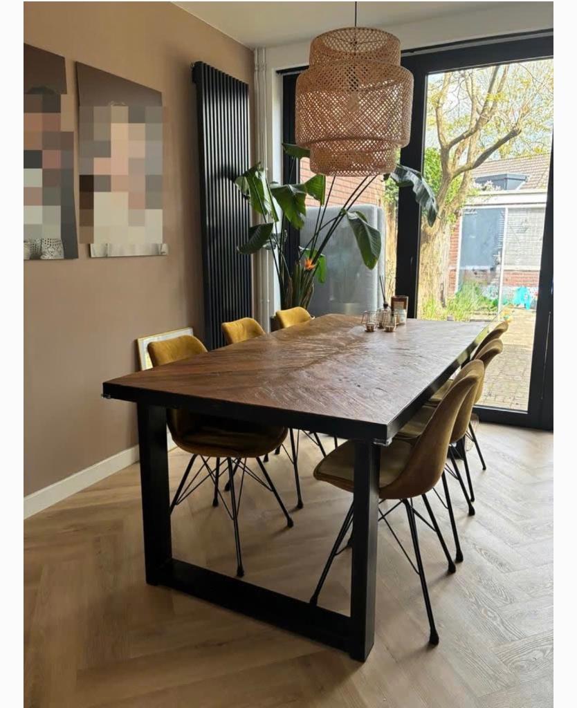 Prijs verlaagd! Houten eettafel, hongaarse punt + 6 stoelen, Ophalen, 200 cm of meer, 50 tot 100 cm, Zo goed als nieuw