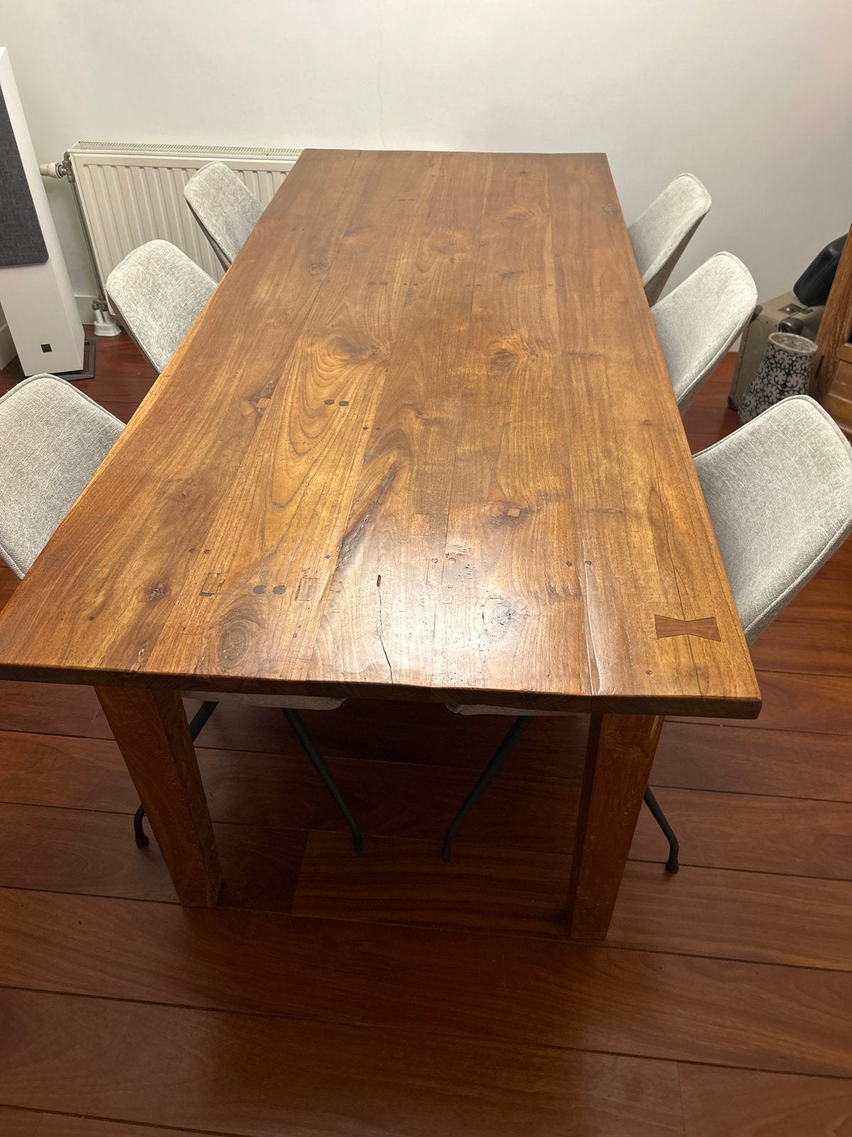 Massief teak houten eetkamertafel - 220 x 93 cm - met lades, Huis en Inrichting, Gebruikt, Teakhout, 200 cm of meer, Vijf personen of meer
