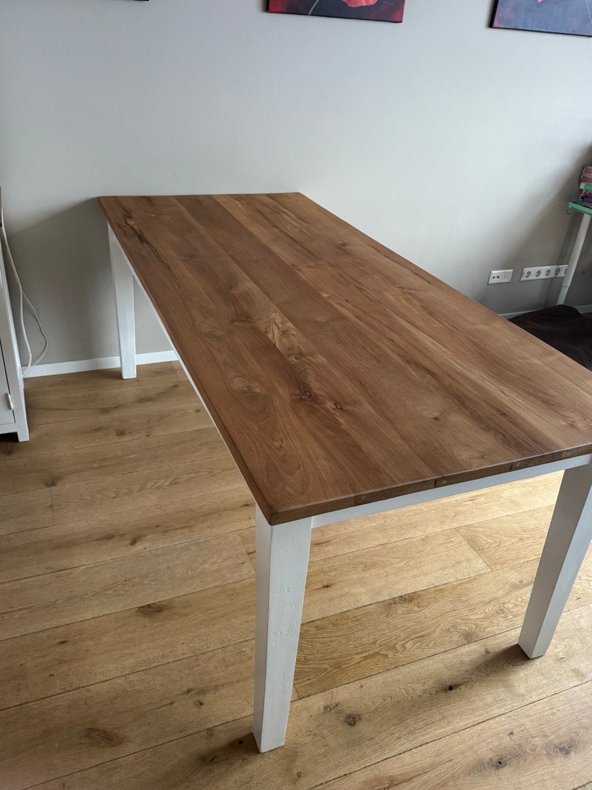 Eettafel teak/wit, Huis en Inrichting, Tafels | Eettafels, Ophalen, Teakhout, 200 cm of meer, 50 tot 100 cm