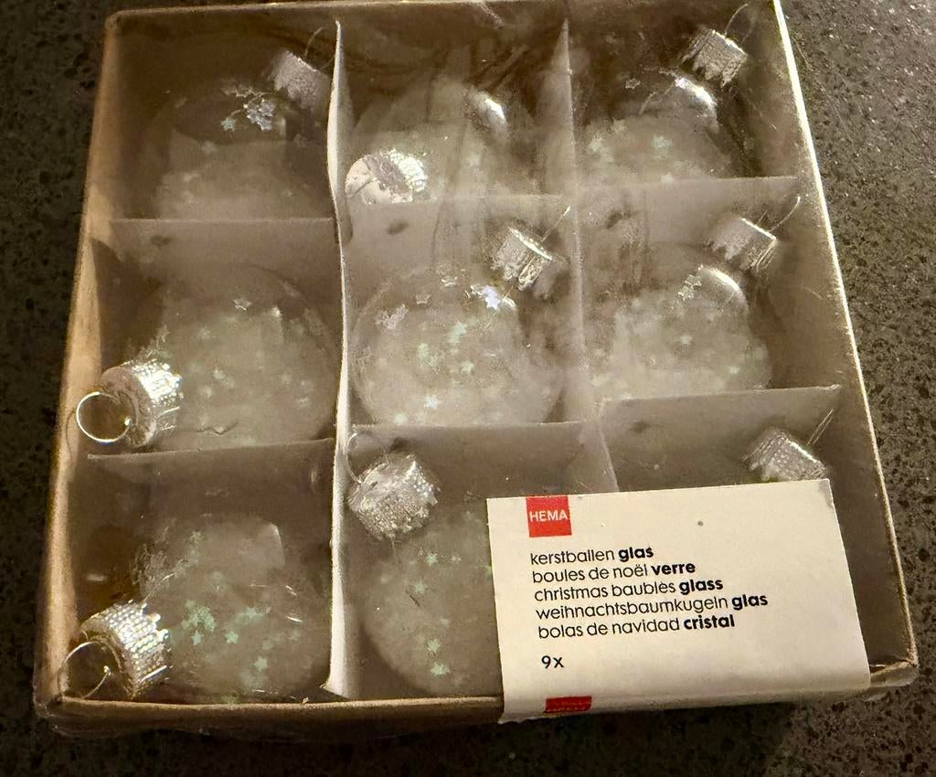 kerstballen set 4.2cm glas met glitters - 9 stuks nieuw, Diversen, Ophalen of Verzenden, Zo goed als nieuw