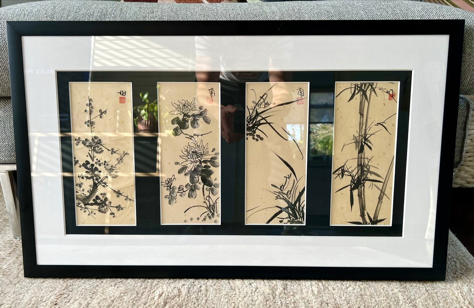 Set van 4 Chinese inkttekeningen in lijst, Ophalen of Verzenden, Tekening, Klassiek, Papier