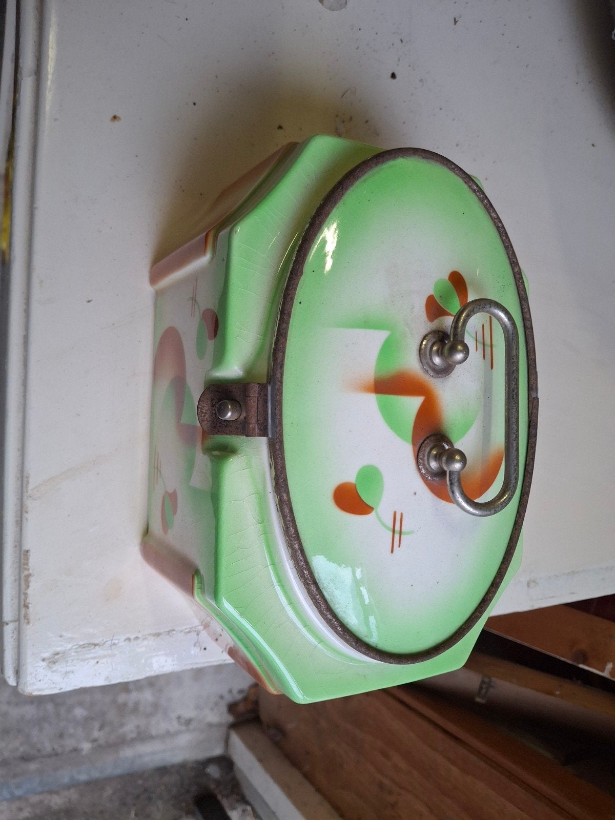Vintage Groene Keramische Broodtrommel met Handvat, Ophalen of Verzenden