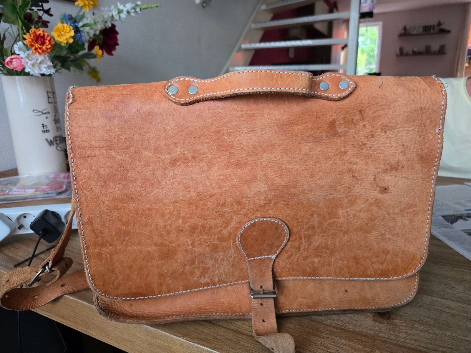 Vintage Leren Schooltas / Aktetas - Bruin, Ophalen of Verzenden